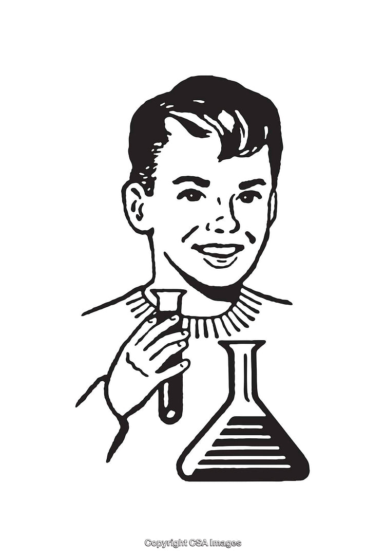 Retro Black and White Line Art of Boy with Science Tools