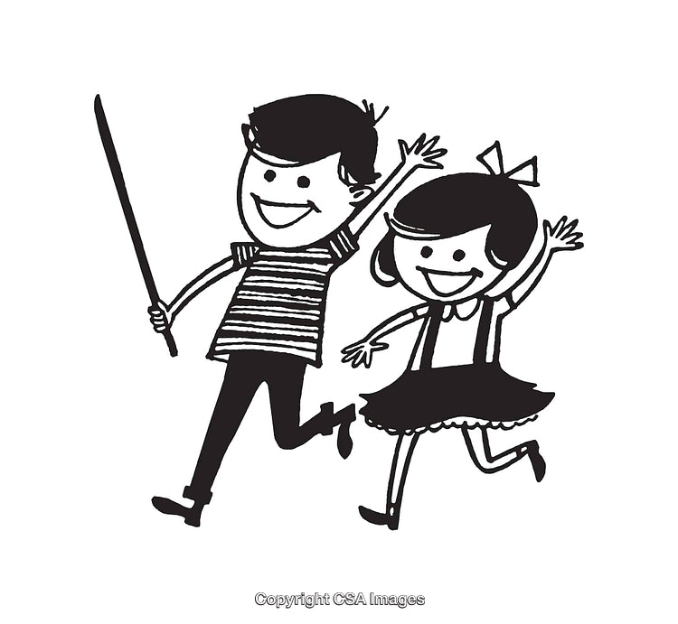Two Smiling Children Running Happily Holding a Stick in a Cartoon Style
