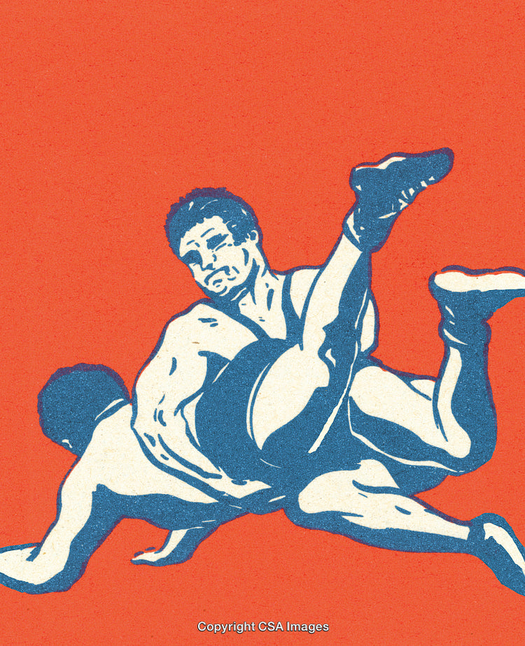 Illustration of Two Wrestlers Grappling on a Bold Abstract Background