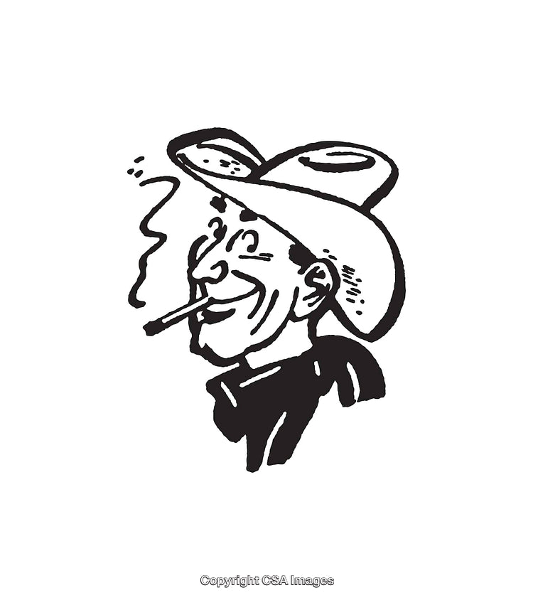 Smiling Cowboy in Hat Smoking a Cigarette Line Art Illustration