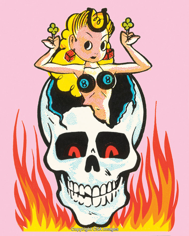 Vintage Pin-Up Style Cartoon Featuring Skull, Flames, and Retro Elements