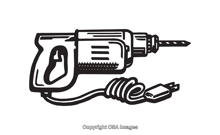 Black and White Line Art Illustration of an Electric Drill Tool