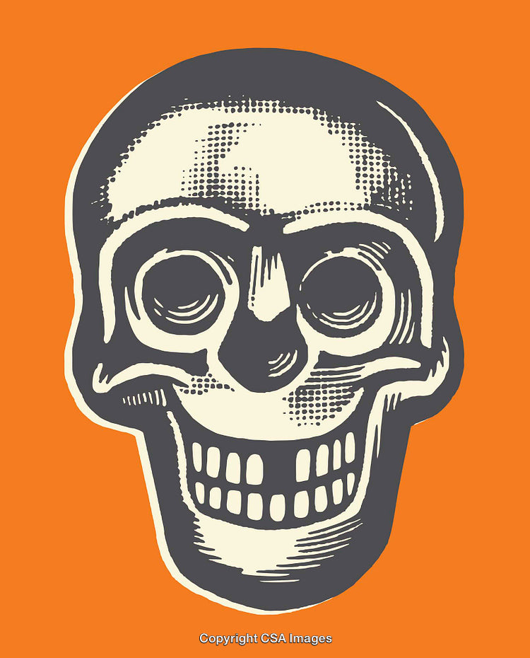 Retro Style Skull Illustration with Bold Halftone Effect on Orange Background