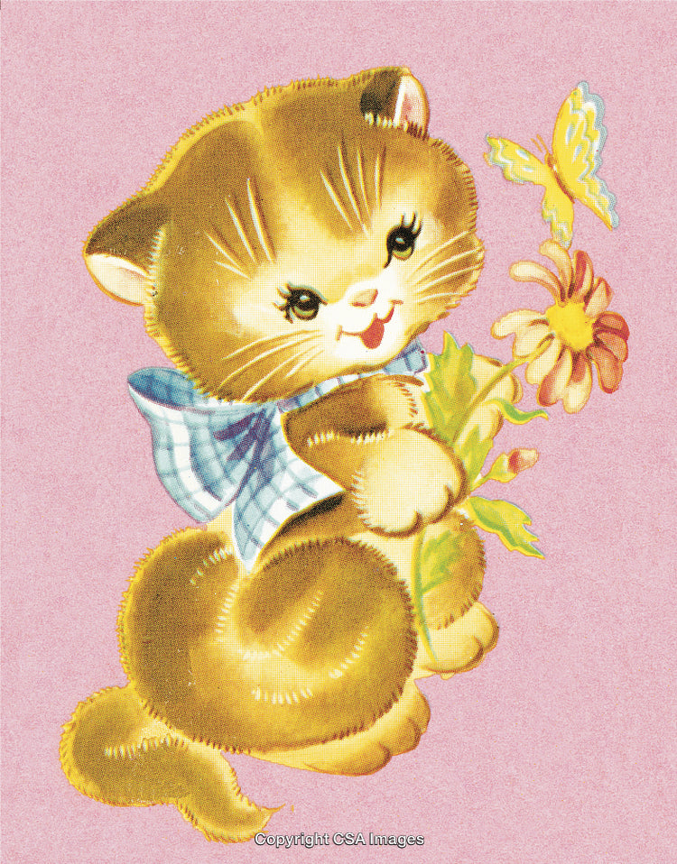 Adorable Kitten Playing with Flower and Butterfly on Pink Background
