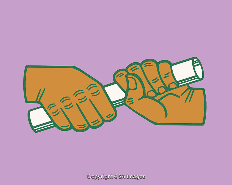 Illustration of Hands Holding Rolled Document on Purple Background