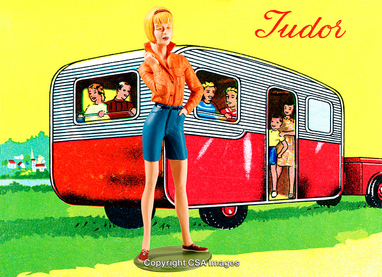 Retro Plastic Figures with Vintage Camper Background Collage