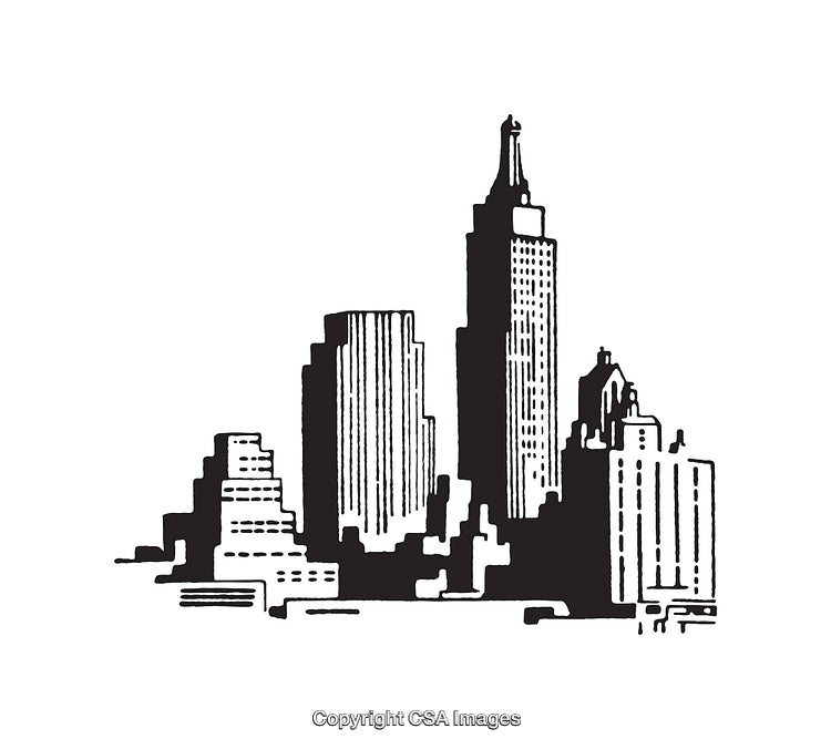 Black and White Line Art Illustration of a City Skyline
