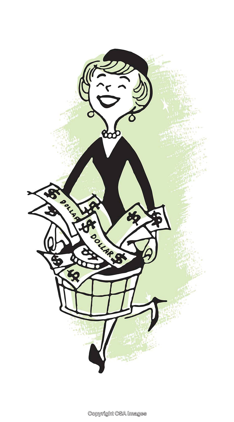 Vintage Style Illustration of a Happy Woman With Dollar Bills