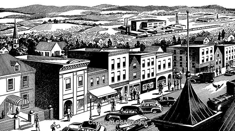 Vintage Black And White Engraving of a Bustling American Town Scene