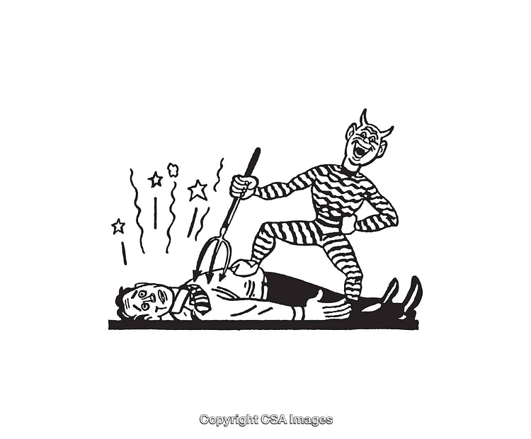 Black and White Line Art of a Devilish Figure Overpowering a Man