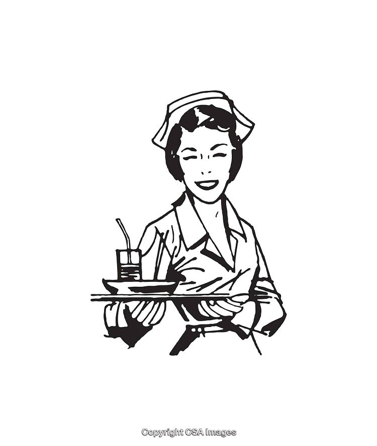 Vintage Waitress Serving a Beverage on a Tray in Black and White Art