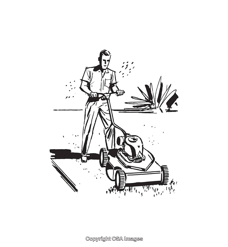 Man Mowing Lawn Illustration in Black and White Line Art Style