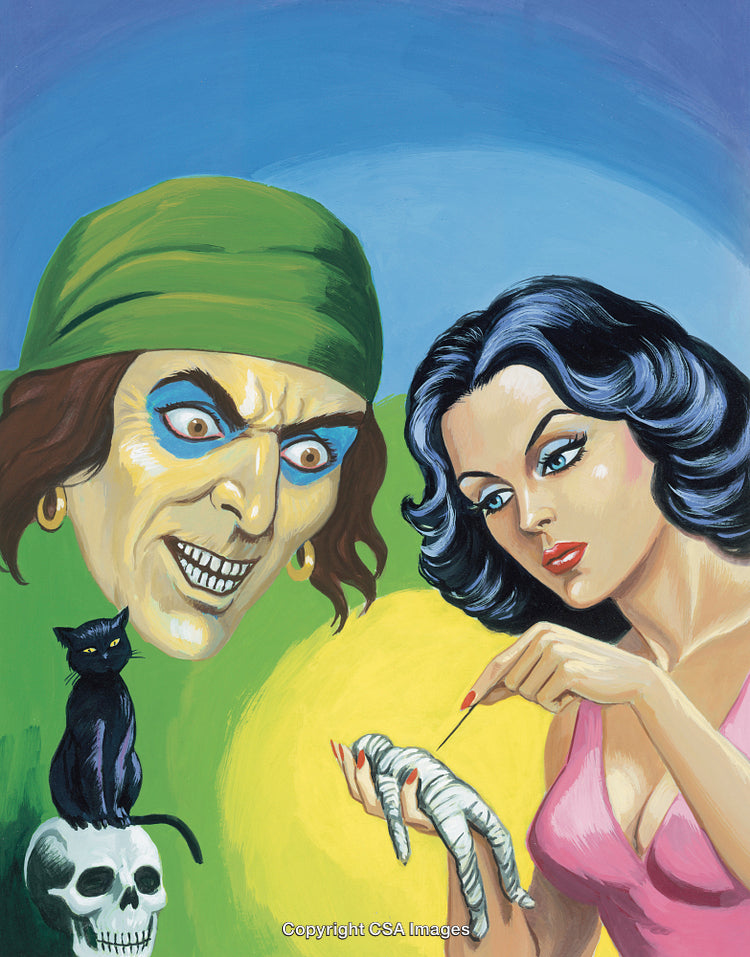 Mysterious Occult Scene Featuring Woman And Skull With Intense Expressions