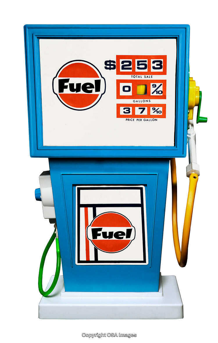 Blue Toy Gasoline Pump with Retro-Style Fuel Logo Design