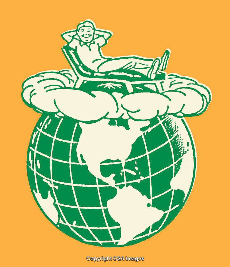 Smiling Man Relaxing on Globe Surrounded by Clouds in Line Art