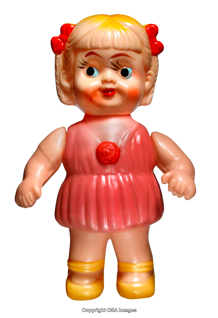 Vintage Plastic Doll with Blonde Hair and Red Dress Display