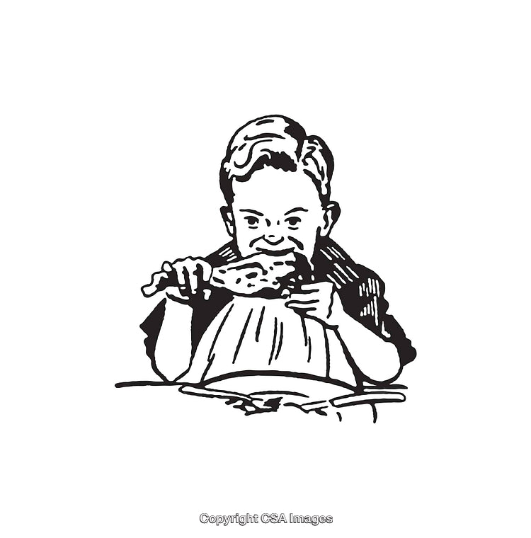 Vintage Black and White Line Art of a Boy Eating Food