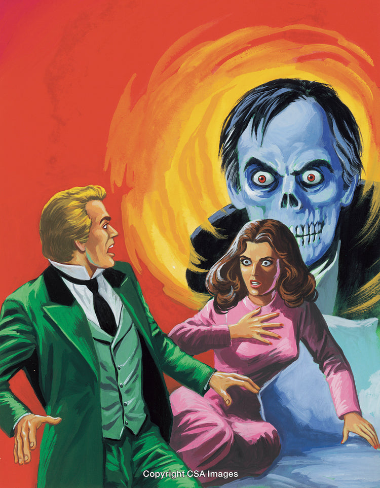 Vintage Horror Illustration Featuring Shocked Characters and Skull in a Fiery Scene