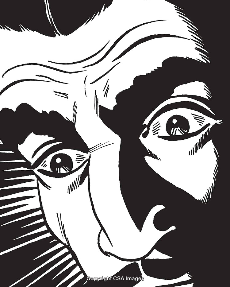 Dramatic Black and White Illustration of a Surprised Face in Close-Up
