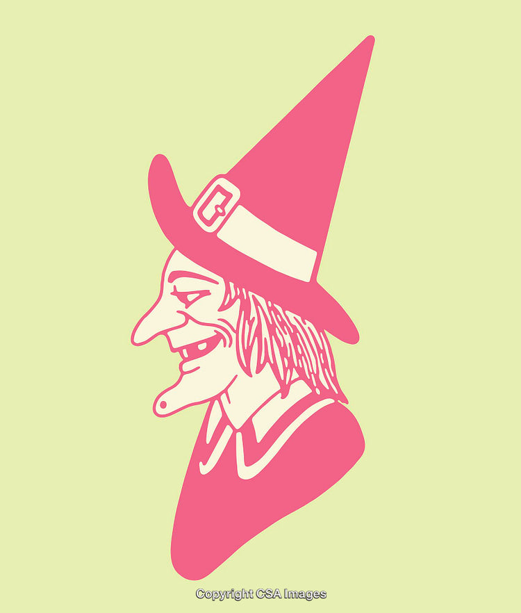 Whimsical Witch Profile Illustration in Pink and Green Color Scheme