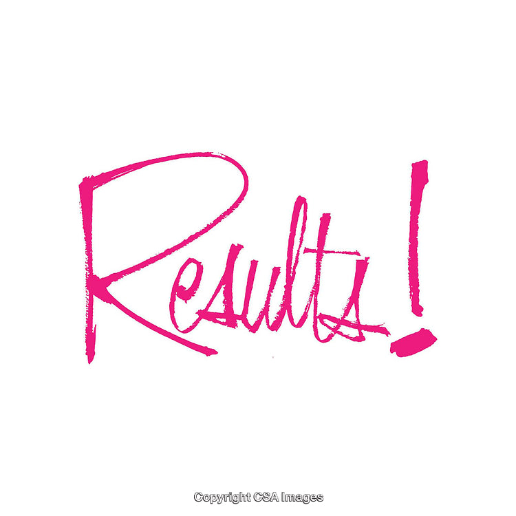 Handwritten Word Results in Bold Pink Brush Font on White Background