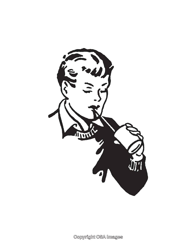 Black and White Line Art of Boy Drinking Beverage with Straw