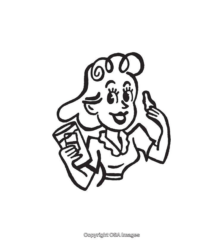 Playful Retro Line Art Woman Holding Object with a Cheerful Expression