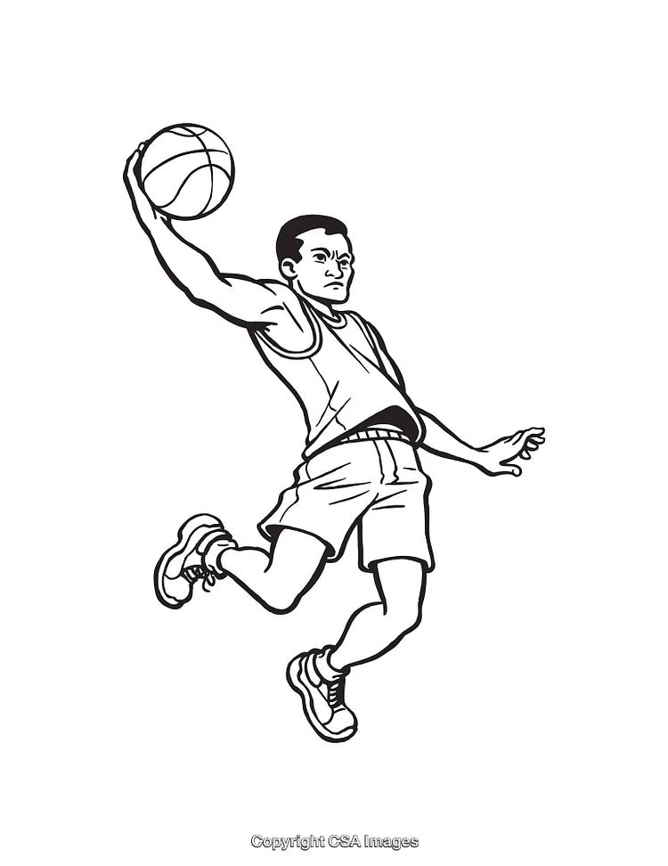 Dynamic Black and White Illustration of a Basketball Player Dunking