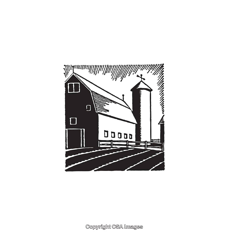 Black and White Illustration of Rustic Barn and Silo in Countryside