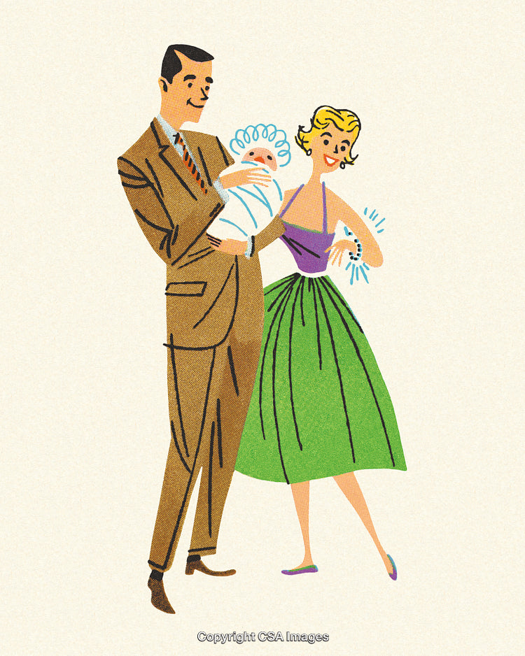 Retro Illustration of a Happy Family with Parents and Baby