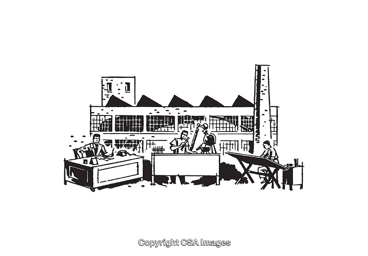 Retro Industrial Design with Engineers and Factory Line Art Illustration