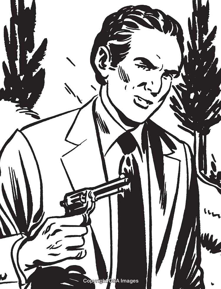 Dramatic Black and White Illustration of a Man Holding a Revolver