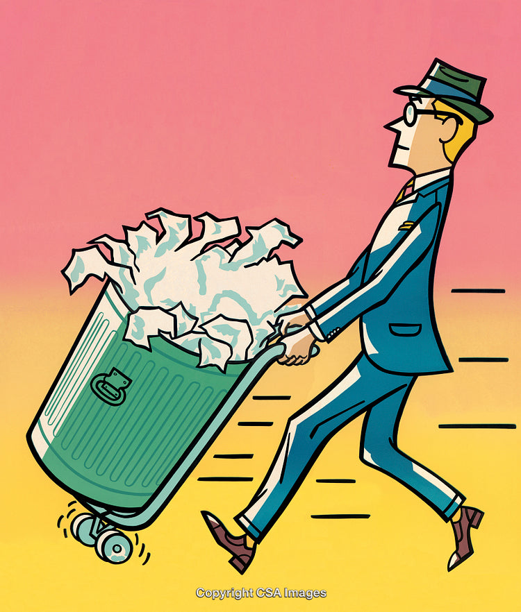 Businessman Pushing Trash Can Full of Papers in Lively Cartoon Style