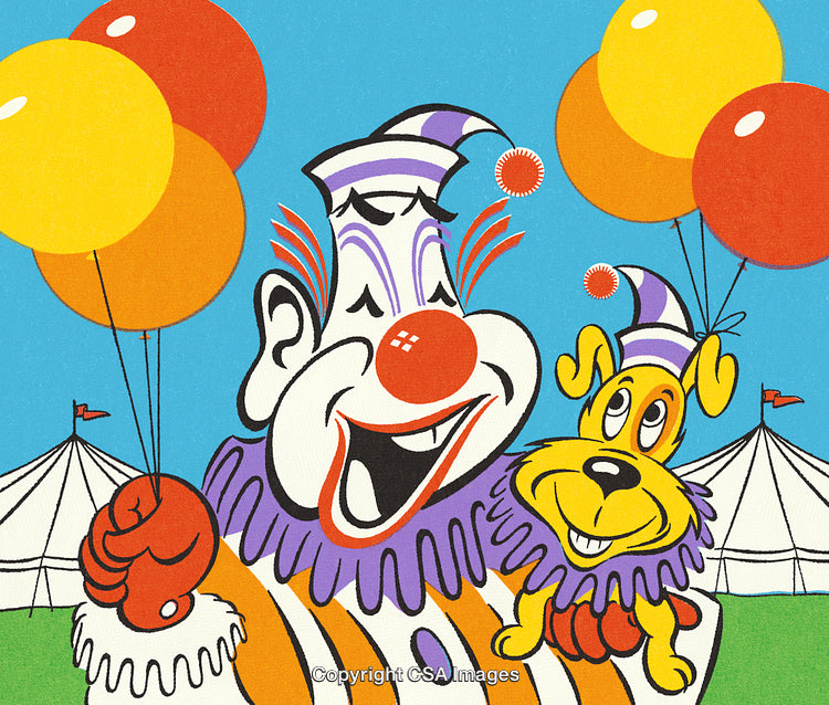 Colorful Clown and Dog Pair in Animated Circus Scene with Balloons