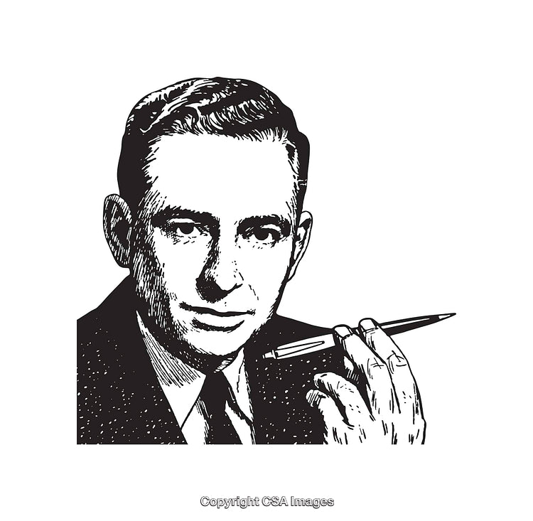 Black and White Retro Illustration of a Man Holding a Pen