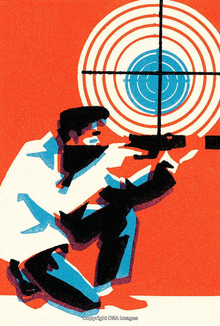 Illustration of a Marksman Aiming Rifle Towards Target in Dynamic Style