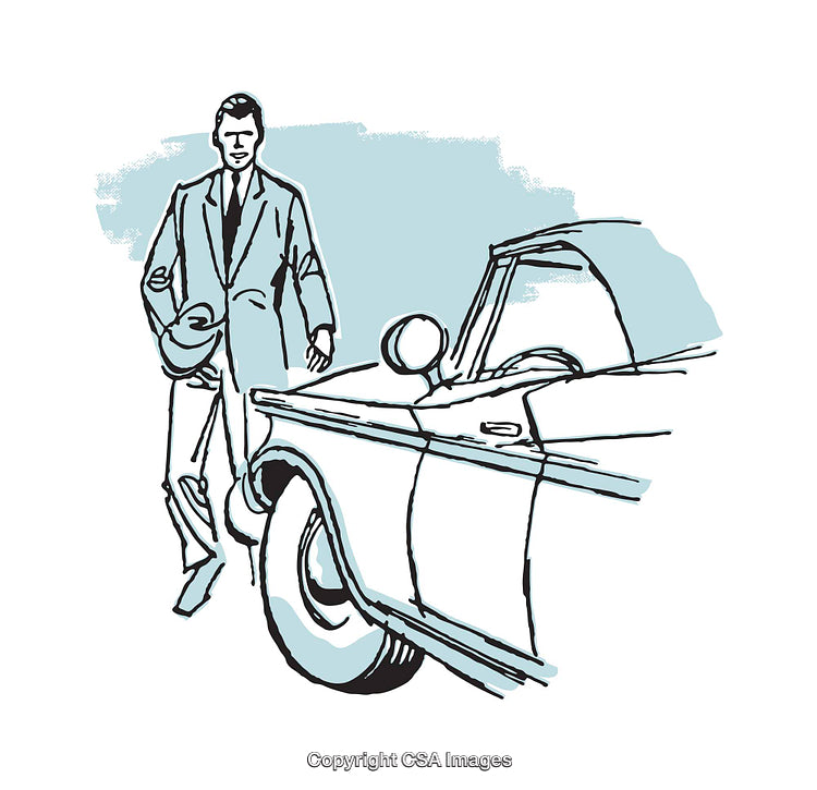 Retro Styled Illustration of a Man and Classic Convertible Car