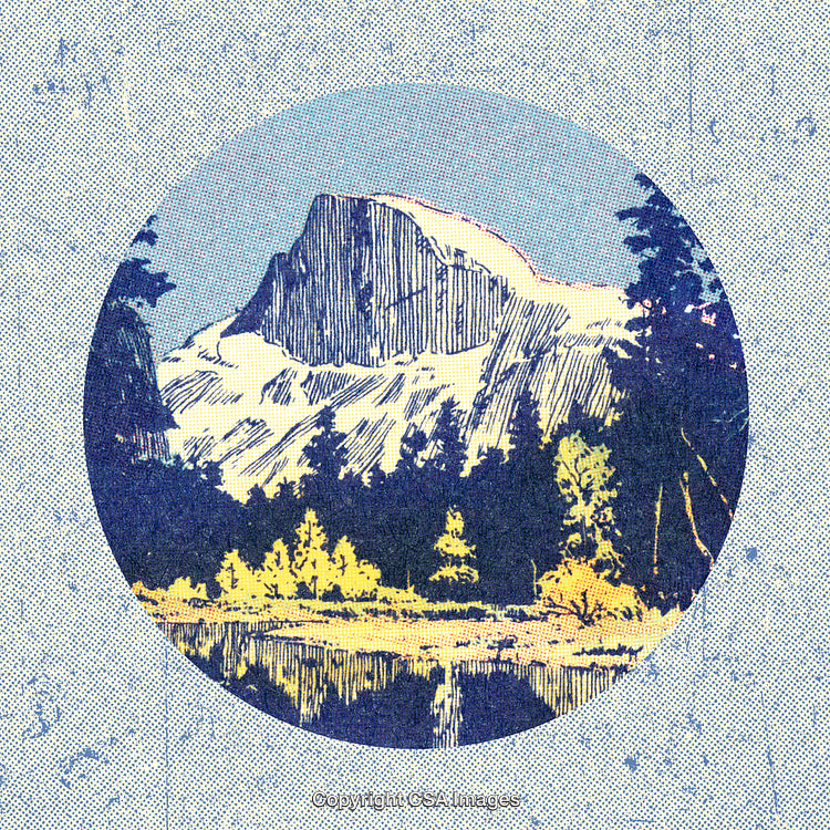Vintage Landscape Illustration Featuring a Mountain and Forest Reflection