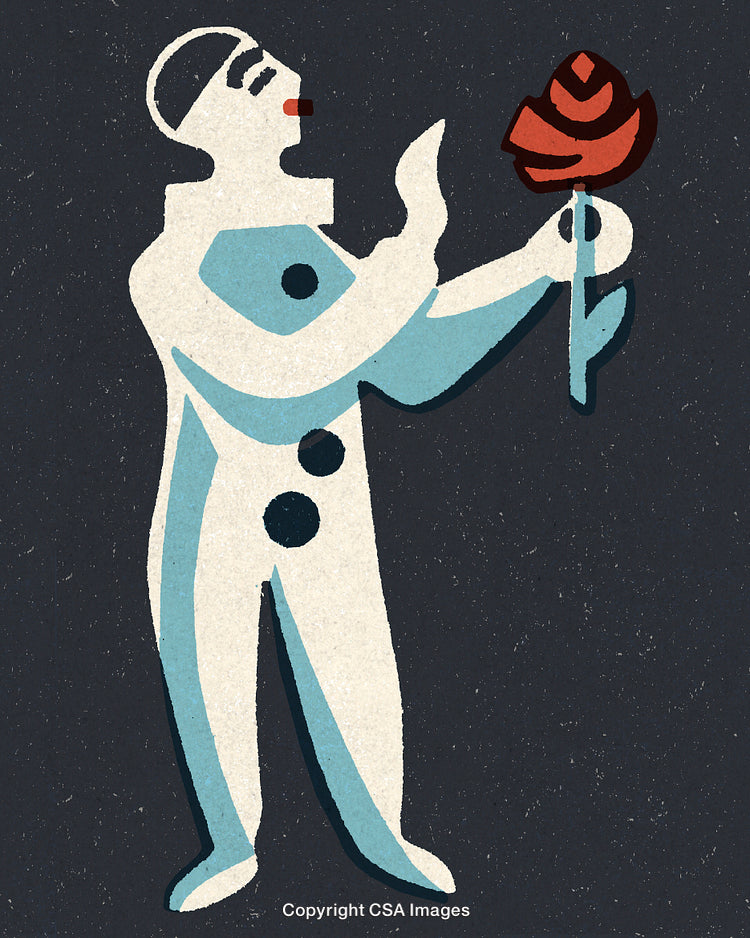 Vintage Illustration of Pierrot Holding a Rose in a Surreal Style