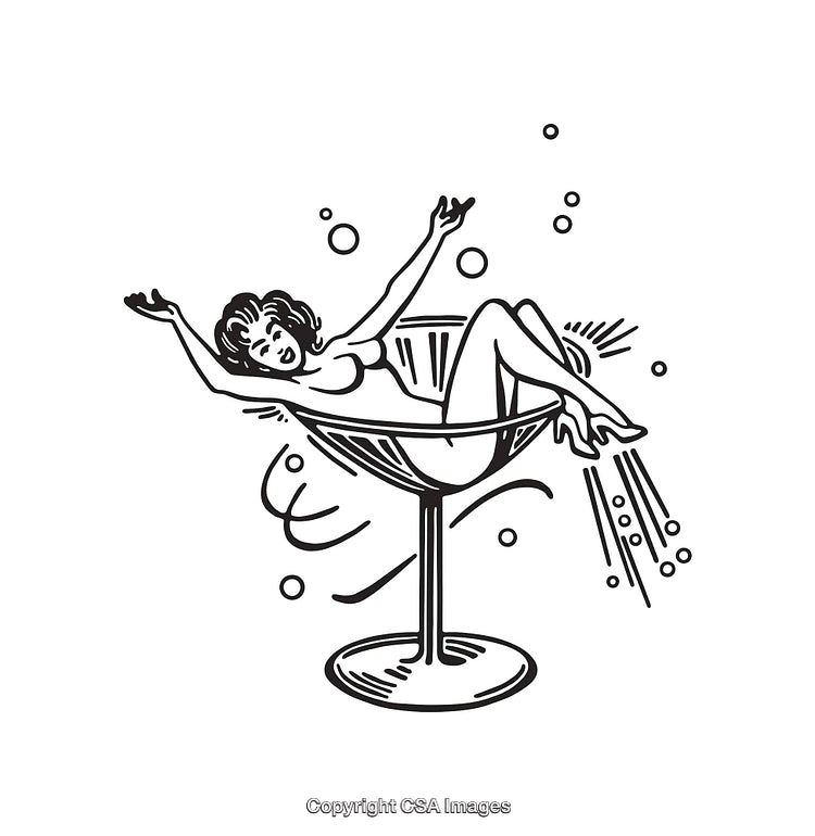 Illustration of a Woman Relaxing in a Champagne Glass with Bubbles