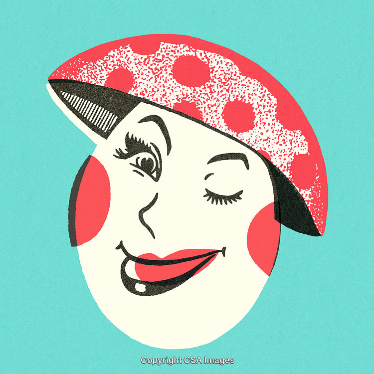 Winking Face Illustration With Polka Dot Hat on Cyan Background