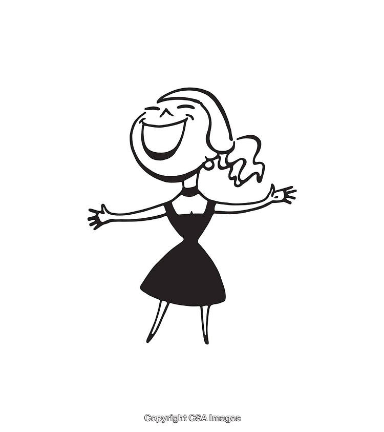 Happy Cartoon Woman with Arms Outstretched in Cheerful Line Art Illustration