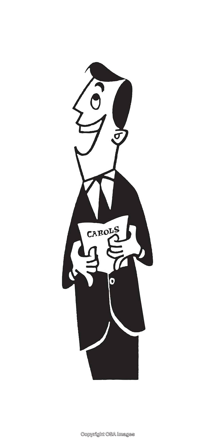 Black and White Illustration of a Cheerful Carol Singer with Book