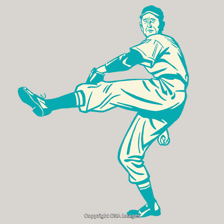Vintage Line Art of a Baseball Player in Pitching Pose