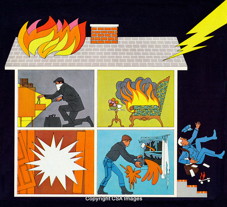 Illustration Representing House Hazards Including Fire, Burglary, and Accidental Injuries