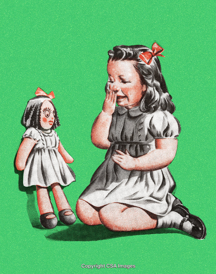 Retro Illustration of Crying Girl Sitting with Her Doll on Green Background