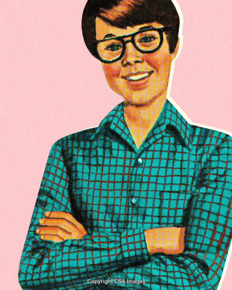 Vintage Illustration of Smiling Boy with Glasses and Plaid Shirt on Pink Background