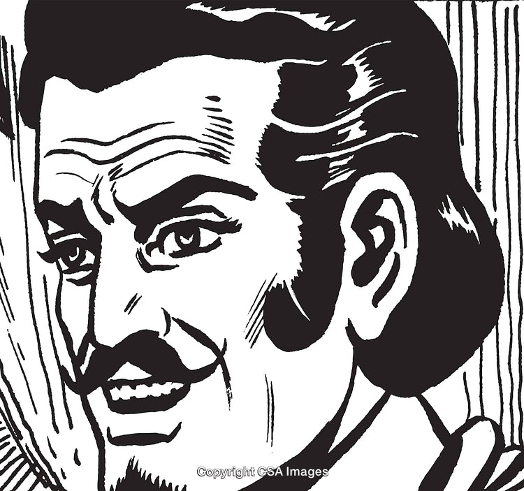 Vintage Black and White Illustration of a Smiling Gentleman with a Mustache