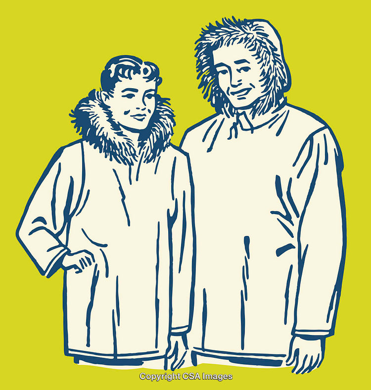 Vintage Line Art Illustration of People Wearing Fur Hooded Coats
