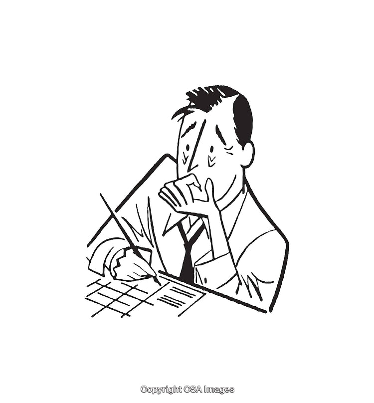 Black and White Line Art Illustration of a Pensive Businessman Writing Notes